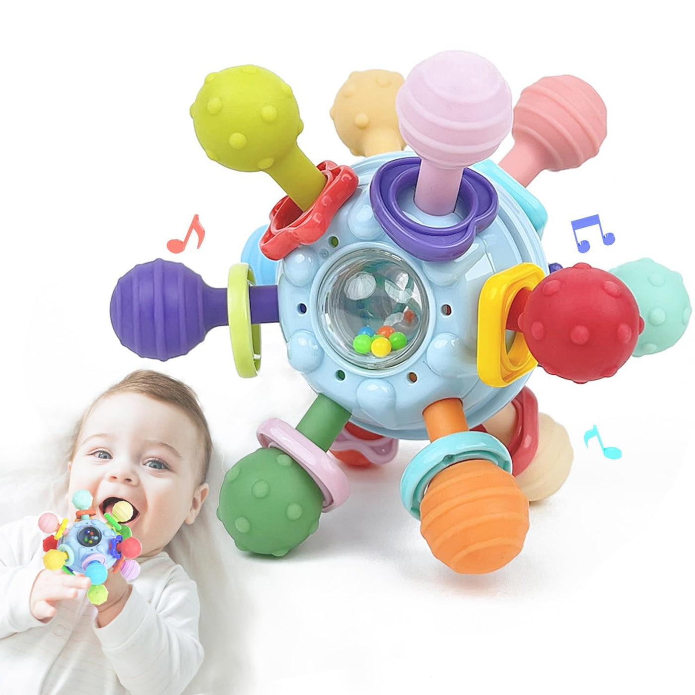 Sensorische Rassel und Beißring – Montessori Spielzeug für Babys 0-12 Monate