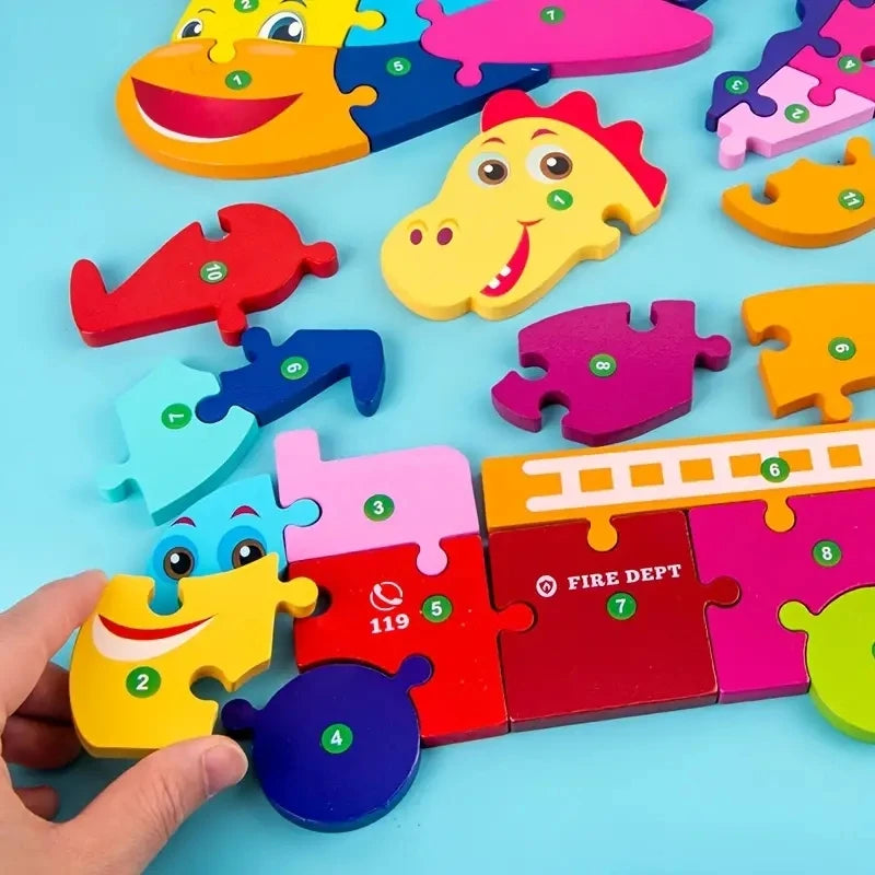 Holzpuzzle für Kinder – Zahlen, Dinosaurier, Tiere, Verkehr – Holz Steckpuzzle für 1–6 Jahre, Motorikspielzeug, Ungiftige Farben 3