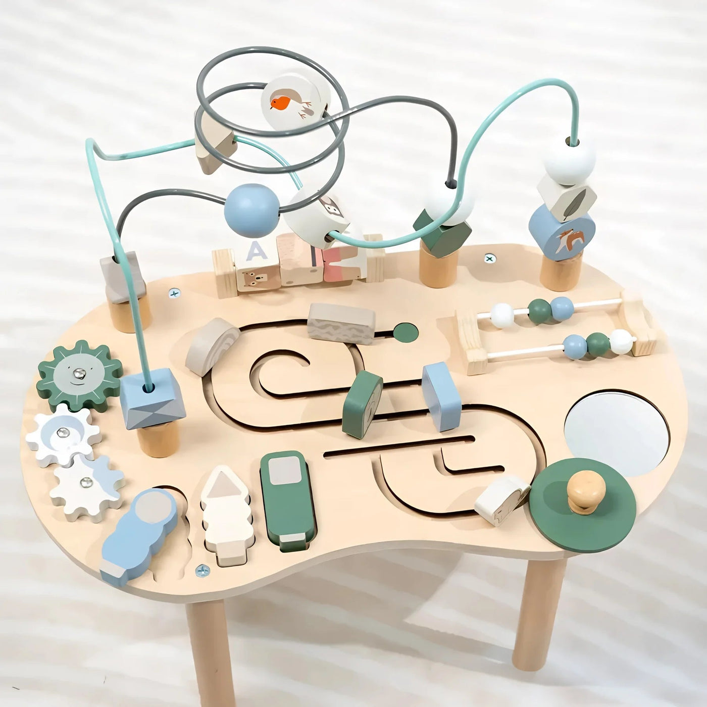 Montessori Aktivitätstisch aus Holz – Multifunktionaler Lerntisch für Kinder 4-36 Monate mit Kugelbahn und Formensortierer 6