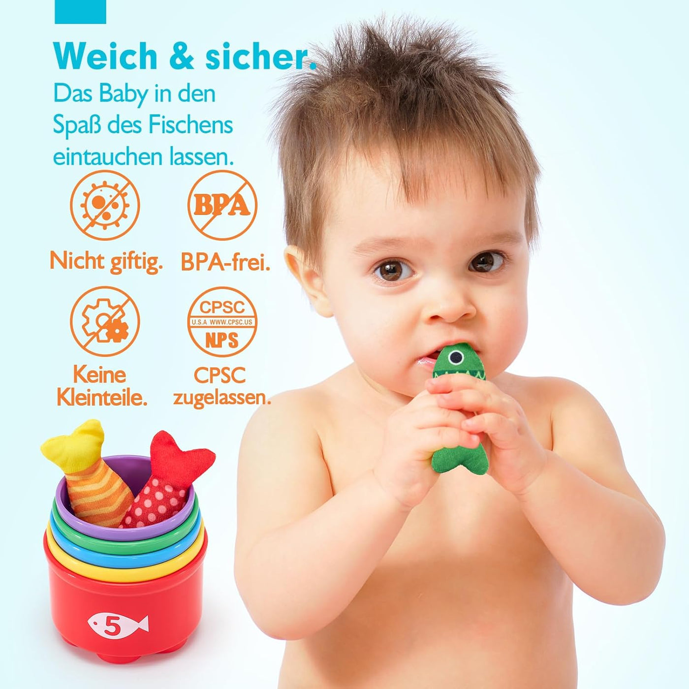 Montessori Angelspielzeug für Kinder ab 1 Jahr – Interaktives Lernspiel mit 15 bunten Fischen und 5 Eimern, Fördert Feinmotorik und Farberkennung 2