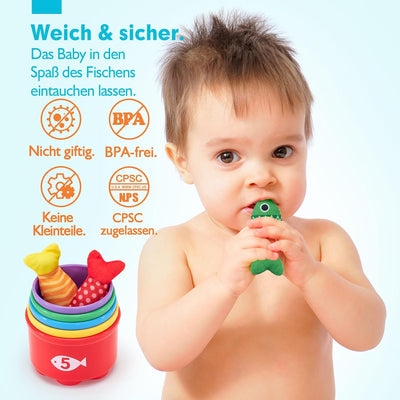 Montessori Angelspielzeug für Kinder ab 1 Jahr – Interaktives Lernspiel mit 15 bunten Fischen und 5 Eimern, Fördert Feinmotorik und Farberkennung 2