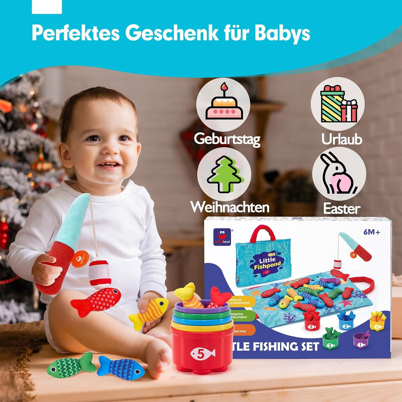 Montessori Angelspielzeug für Kinder ab 1 Jahr – Interaktives Lernspiel mit 15 bunten Fischen und 5 Eimern, Fördert Feinmotorik und Farberkennung 7