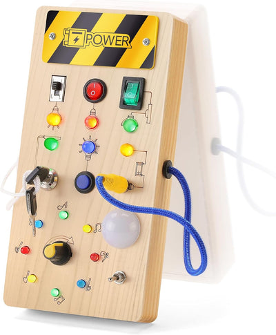 Montessori Busy Board aus Holz mit LED-Lichtern – Lernspielzeug für 3-Jährige, Kreatives Spielzeug zur Förderung der Motorik und Farben 0