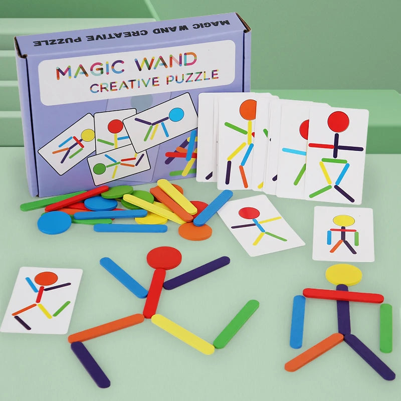 Montessori Holz Puzzle für Kinder – Feinmotorik Training mit 20 Holzstäben, 10 Scheiben und 20 Karten, Interaktives Lernspielzeug 0