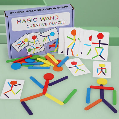 Montessori Holz Puzzle für Kinder – Feinmotorik Training mit 20 Holzstäben, 10 Scheiben und 20 Karten, Interaktives Lernspielzeug 0
