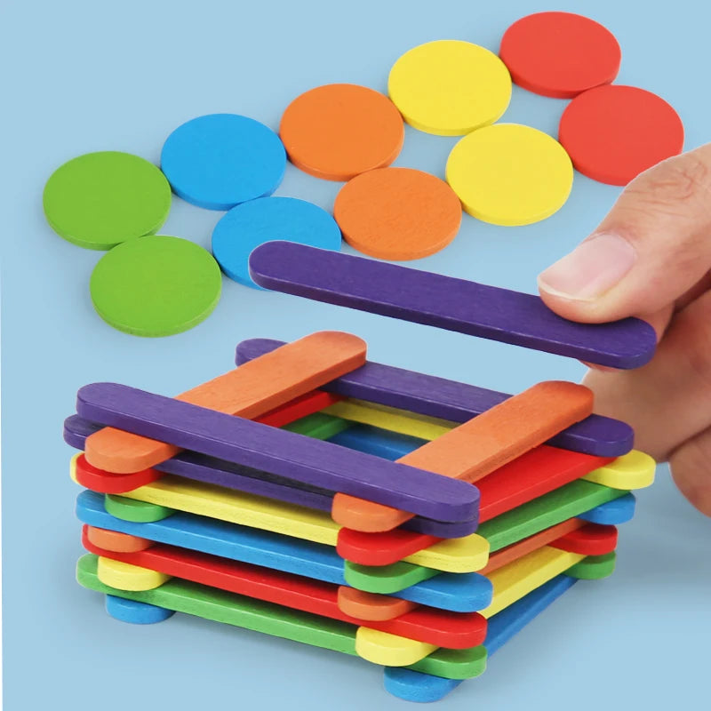 Montessori Holz Puzzle für Kinder – Feinmotorik Training mit 20 Holzstäben, 10 Scheiben und 20 Karten, Interaktives Lernspielzeug 3