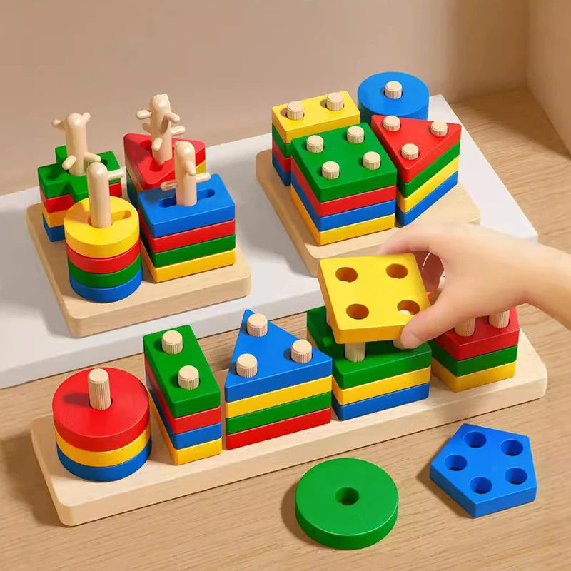 Montessori Holzblock Spielzeug für Kinder – Geometrische Formen und Farben Sortierpuzzle 0