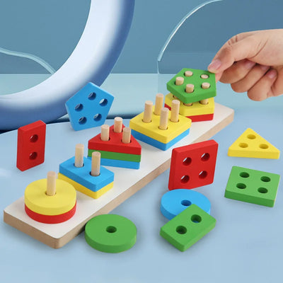 Montessori Holzblock Spielzeug für Kinder – Geometrische Formen und Farben Sortierpuzzle 2