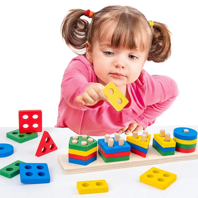 Montessori Holzblock Spielzeug für Kinder – Geometrische Formen und Farben Sortierpuzzle 4