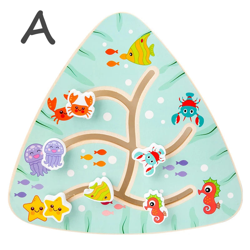 Montessori Holzspielzeug Labyrinthspiel Doppelseitig – 23 x 23 cm mit Tier- und Obstmotiven für Kinder zur Förderung motorischer Fähigkeiten 7