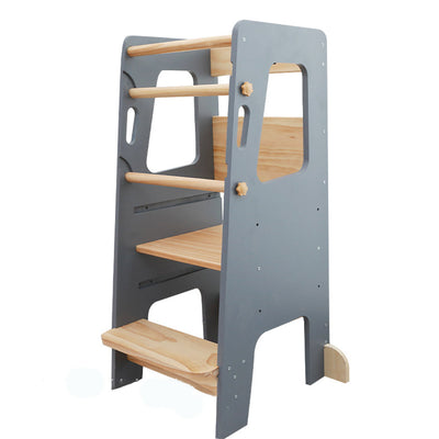 Montessori Lernturm aus Holz für Kinder – Höhenverstellbar, Wasserabweisend, Rutschfeste Trittfläche, Grau 0