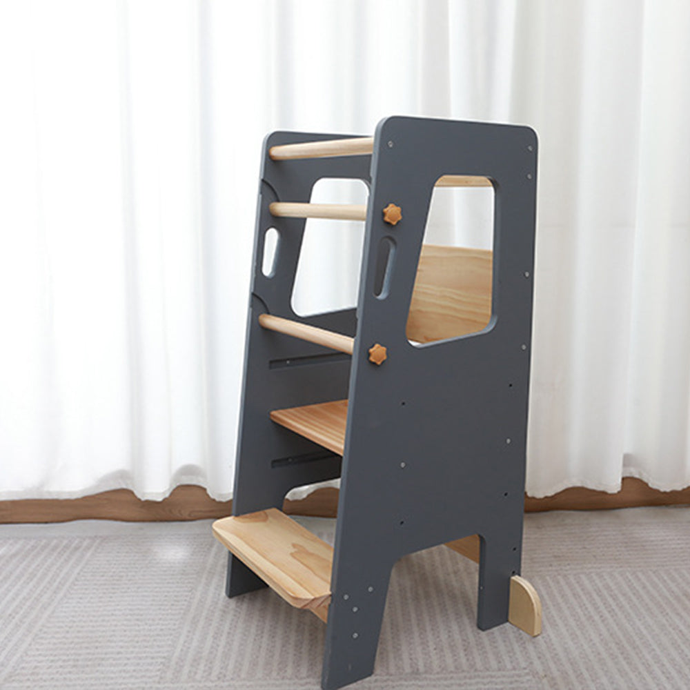 Montessori Lernturm aus Holz für Kinder – Höhenverstellbar, Wasserabweisend, Rutschfeste Trittfläche, Grau 2