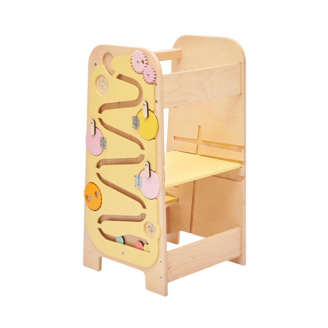 Montessori Lernturm für Kinder mit Busy Board – 5-in-1 Aktivitätsstation aus Birkenholz, höhenverstellbar, sicher und multifunktional 0