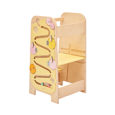 Montessori Lernturm für Kinder mit Busy Board – 5-in-1 Aktivitätsstation aus Birkenholz, höhenverstellbar, sicher und multifunktional 0