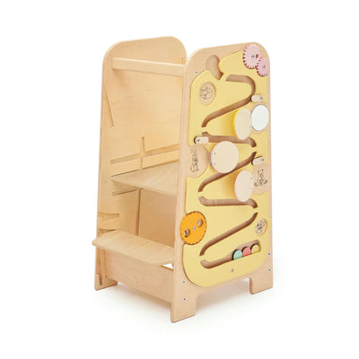 Montessori Lernturm für Kinder mit Busy Board – 5-in-1 Aktivitätsstation aus Birkenholz, höhenverstellbar, sicher und multifunktional 1
