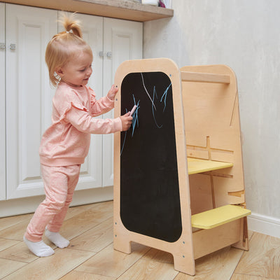 Montessori Lernturm für Kinder mit Busy Board – 5-in-1 Aktivitätsstation aus Birkenholz, höhenverstellbar, sicher und multifunktional 3