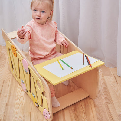 Montessori Lernturm für Kinder mit Busy Board – 5-in-1 Aktivitätsstation aus Birkenholz, höhenverstellbar, sicher und multifunktional 4
