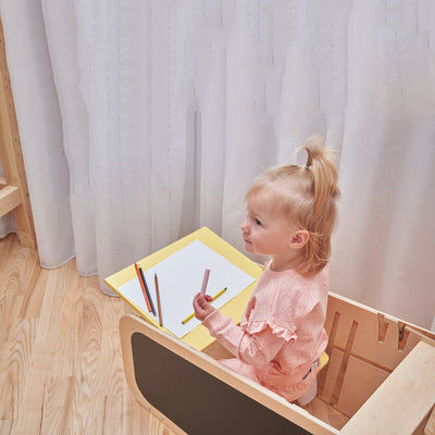 Montessori Lernturm für Kinder mit Busy Board – 5-in-1 Aktivitätsstation aus Birkenholz, höhenverstellbar, sicher und multifunktional 5