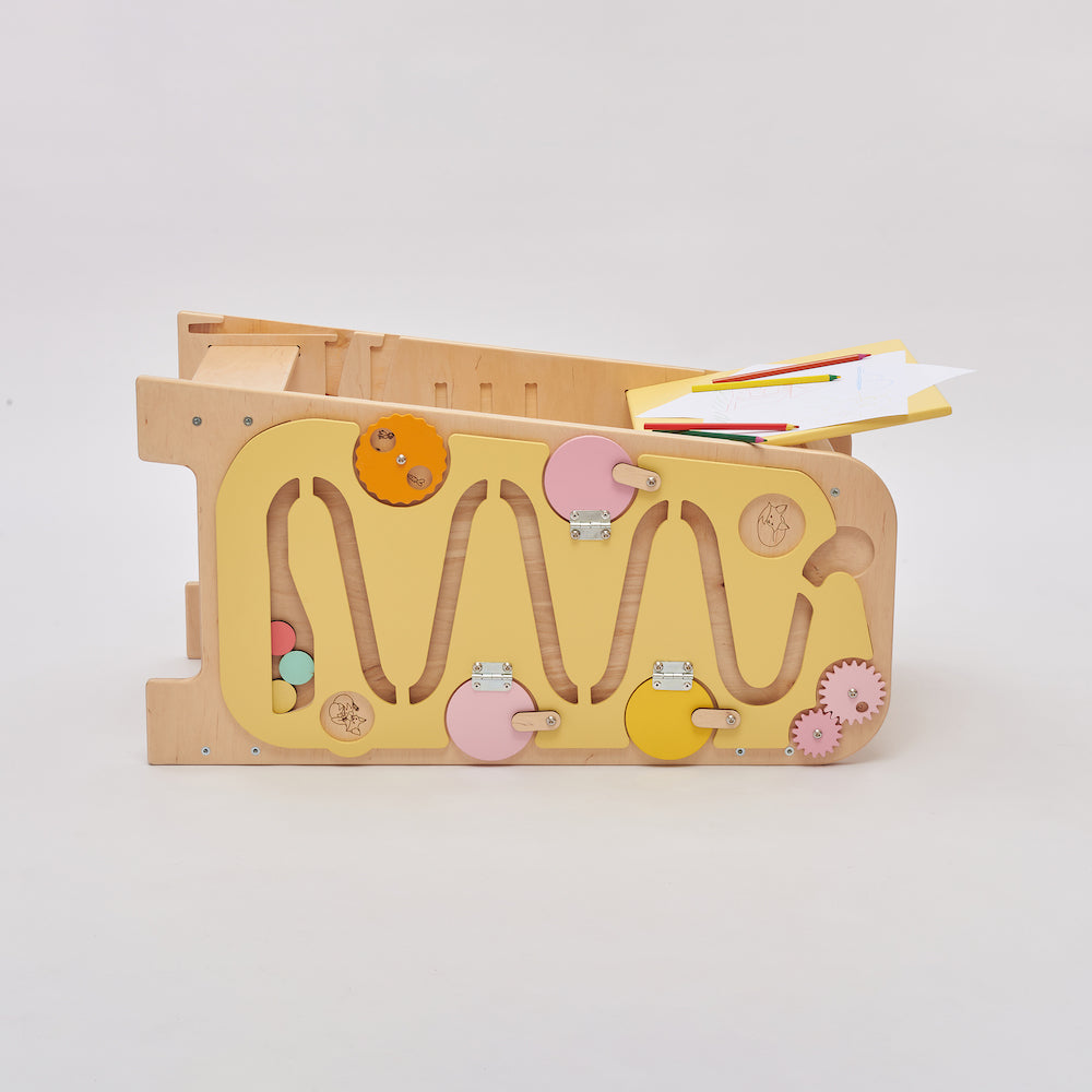 Montessori Lernturm für Kinder mit Busy Board – 5-in-1 Aktivitätsstation aus Birkenholz, höhenverstellbar, sicher und multifunktional 6