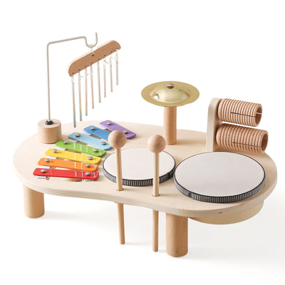 Montessori Musik-Aktivitätstisch aus Holz – Lernspielzeug für 3-Jährige mit Xylophon, Trommeln und Glocke 0