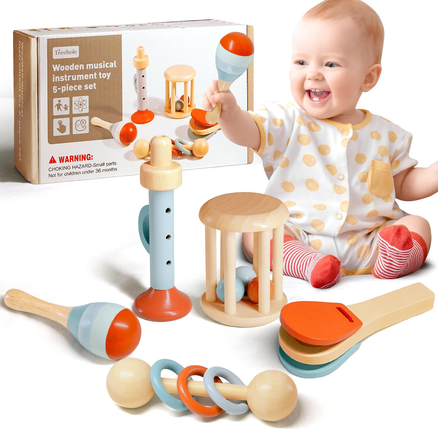 Montessori Musikinstrumente Set aus Holz – 5-teiliges Spielzeug für musikalische Früherziehung ab 8 Monaten 1