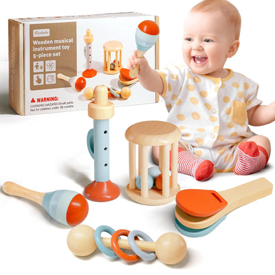 Montessori Musikinstrumente Set aus Holz – 5-teiliges Spielzeug für musikalische Früherziehung ab 8 Monaten 1