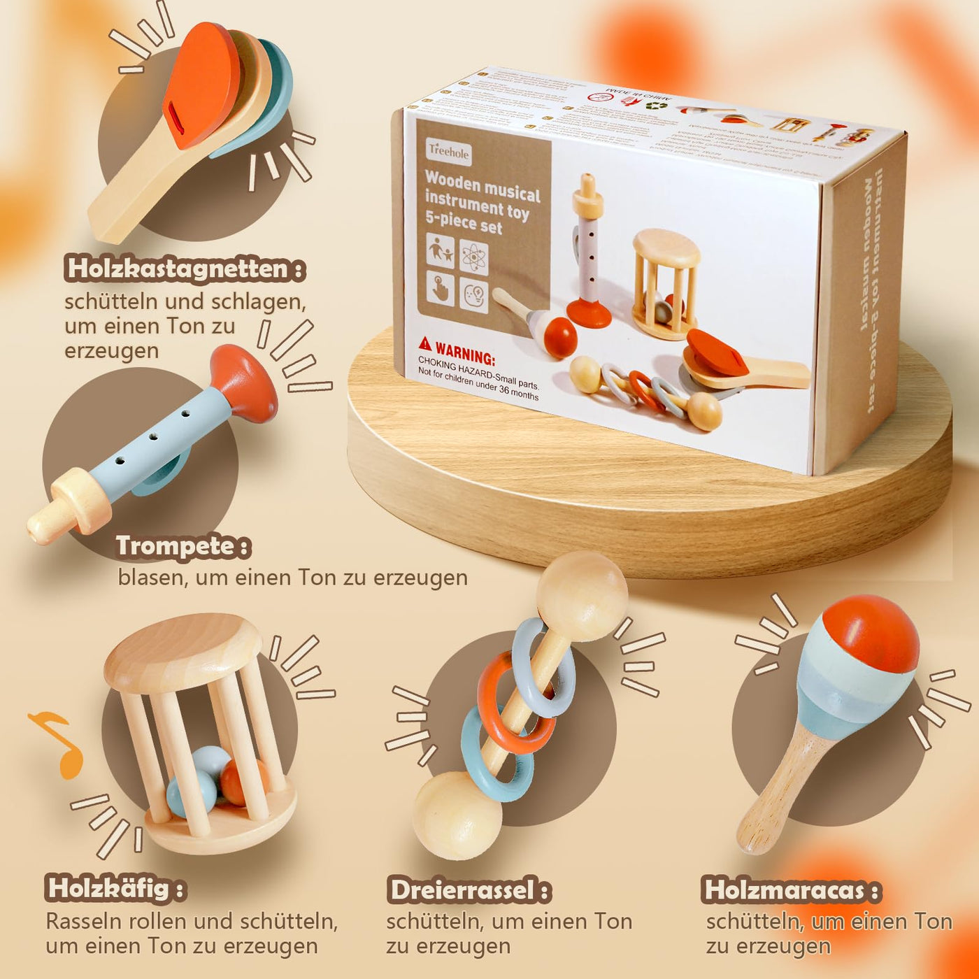 Montessori Musikinstrumente Set aus Holz – 5-teiliges Spielzeug für musikalische Früherziehung ab 8 Monaten 3